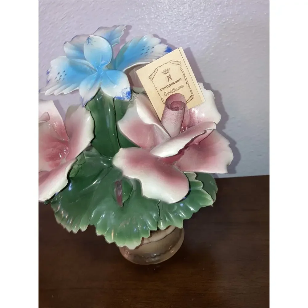 Vintage Italy Nuova Capodimonte Basket Urn Bouquet 3 pink Roses blue Orchid